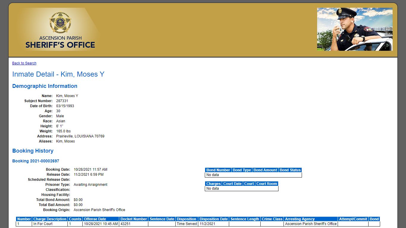 Inmate Detail - Kim, Moses Y - Ascension Parish